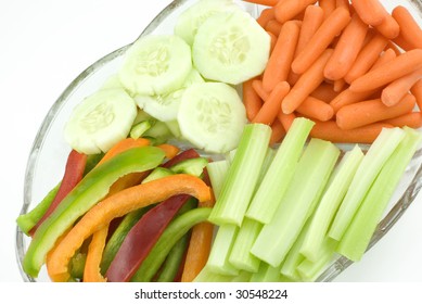 A Plate Of Colorful Cut Vegetables, Diagonal View, Horizontal With Copy Space