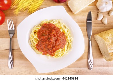 Plate Of Cooked Spaghetti Pasta. Top View.