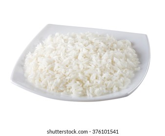 Plate Of Cooked White Rice Isolated