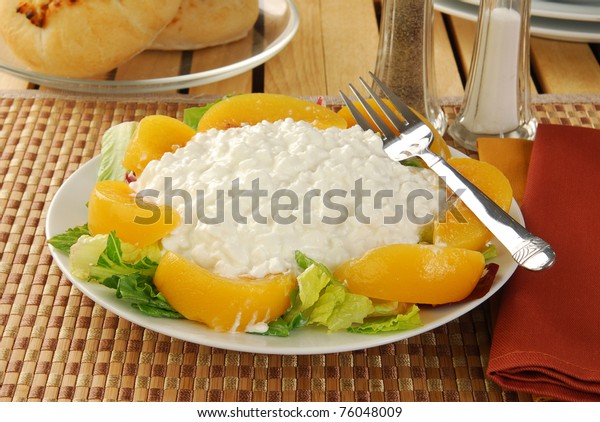 Plate Cottage Cheese Peaches On Bed Stock Photo Edit Now 76048009