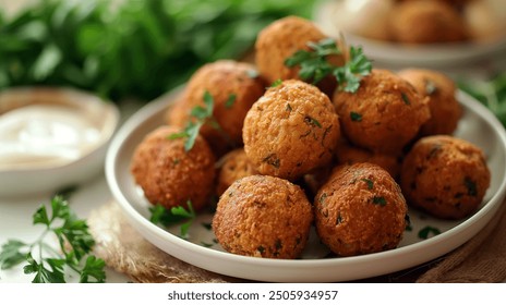 A plate of crispy golden brown falafel balls, sprinkled with fresh chopped parsley