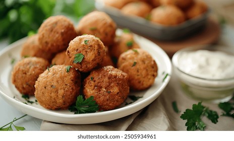 A plate of crispy golden brown falafel balls, sprinkled with fresh chopped parsley