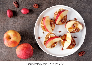 Plate of crostini appetizers with red apples, brie cheese and walnuts. Top view table scene against a dark background. Party food concept. - Powered by Shutterstock