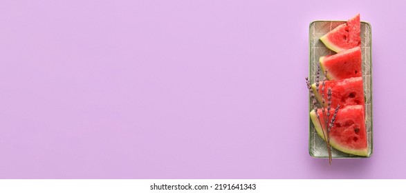 Plate With Cut Sweet Watermelon On Lilac Background With Space For Text