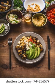 Plate With Cutlery And Various Salad Meals . Vegetarian Salad Bar With Variety Of Vegetarian Food Bowls, Top View.  Healthy Eating And Cooking, Clean Or Diet Food Concept