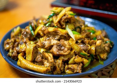 A Plate Of Delicious Chinese Home Cooking, Fried Chicken With Shallots