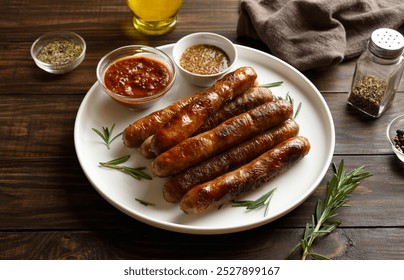 Plate with delicious grilled thin sausages on brown wooden background. Close up view