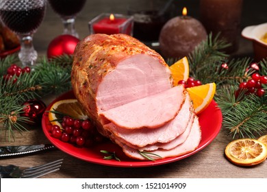 Plate With Delicious Ham Served On Wooden Table. Christmas Dinner