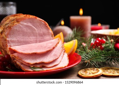 Plate With Delicious Ham Served On Wooden Table, Closeup. Christmas Dinner