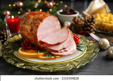 Plate With Delicious Ham Served On Grey Table. Christmas Dinner