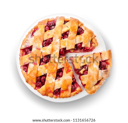 Plate with delicious homemade cherry pie on white background