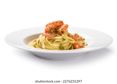 Plate of delicious linguine with pesto and shrimp, italian gourmet pasta isolated on white background  - Powered by Shutterstock