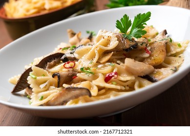 Plate Of Delicious Mushroom Pasta With Chili, Garlic And Parsley ,italian Food 