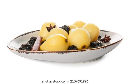 Plate with delicious poached pears and prunes on white background