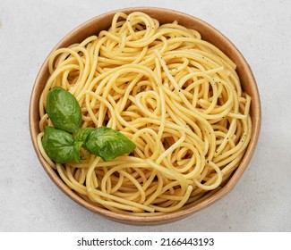  Plate Of Delicious Spaghetti With Basil, Overhead View