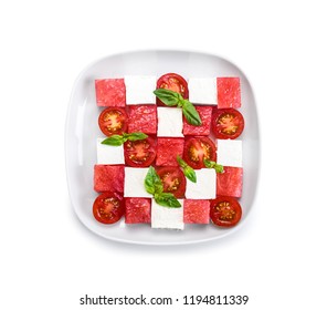 Plate With Delicious Watermelon Salad On White Background