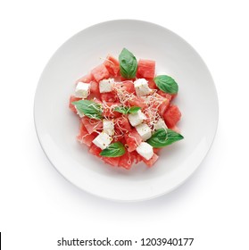 Plate With Delicious Watermelon Salad On White Background