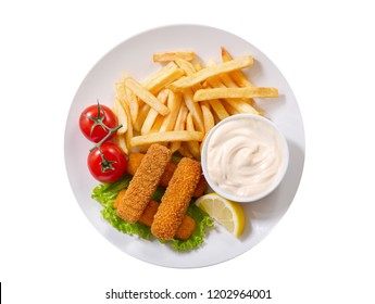 Plate Of Fish Sticks With French Fries Isolated On White Background, Top View