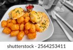 A plate of food featuring crispy tater tots, two poached eggs topped with hollandaise sauce and herbs, and a small cup of ketchup. The dish is visually appealing and appetizing.