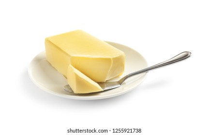 Plate With Fresh Butter And Knife Isolated On White