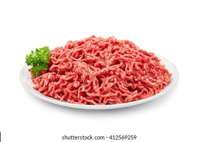 Plate With Fresh Raw Ground Beef Isolated On White