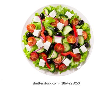 Plate Of Fresh Salad With Vegetables, Feta Cheese And Olives Isolated On White Background. Top View