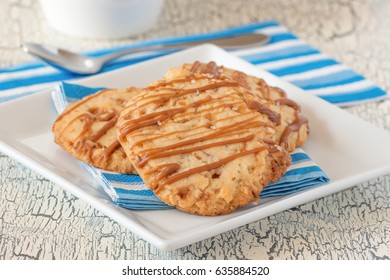 Plate Of Freshly Baked Salted Caramel Shortbread Cookies.