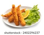 plate of fried breaded torpedo shrimps isolated on white background