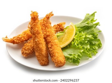 plate of fried breaded torpedo shrimps isolated on white background