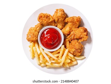 Plate Of Fried Chicken With French Fries Isolated On White Background, Top View