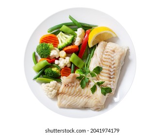 Plate Of Fried Cod Fish Fillet With Vegetables Isolated On White Background, Top View