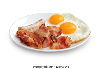 Plate with fried eggs, bacon and chicken sausage on white background