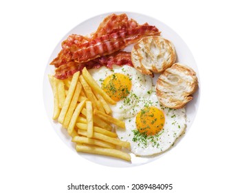 Plate Of Fried Eggs, Bacon, French Fries And Toast Isolated On White Background, Top View