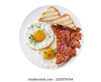 Plate Of Fried Eggs, Bacon And Toast Isolated On White Background, Top View