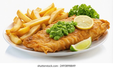 A plate of fried fish, peas, chips, lemon, and lime, a classic English dish. - Powered by Shutterstock