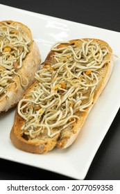 Plate Of Fried Glass Eel Toast In Olive Oil