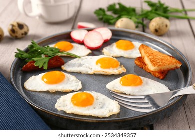 Plate with fried quail eggs, toasts and radish on grey wooden table, closeup - Powered by Shutterstock