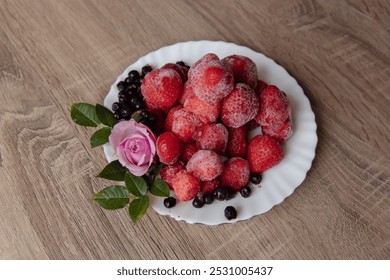 Plate of Frozen Strawberries and Black Currants with Pink Rose on Wooden Surface, Fresh and Natural Atmosphere - Powered by Shutterstock