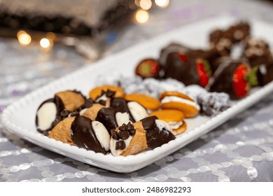 Plate full of an assortment of desserts such as cookies, chocolate covered strawberries, mini cannoli and more. - Powered by Shutterstock