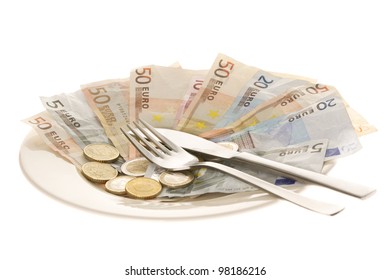 Plate Full Of Euro Notes And Coins With Fork And Knife Isolated On White Background