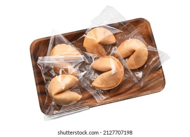 A plate full of fortune cookies still wrapped in plastic, isolated on white.