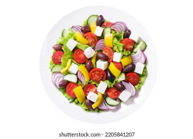Plate Of Greek Salad Isolated On White Background, Top View