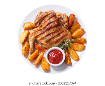 Plate Of Grilled Chicken With Potatoes Isolated On White Background, Top View