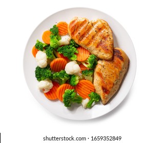 Plate Of Grilled Chicken With Vegetables Isolated On White Background