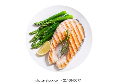 Plate Of Grilled Salmon Steak With Asparagus Isolated On White Background, Top View