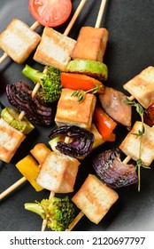 Plate With Grilled Tofu Cheese Skewers, Closeup