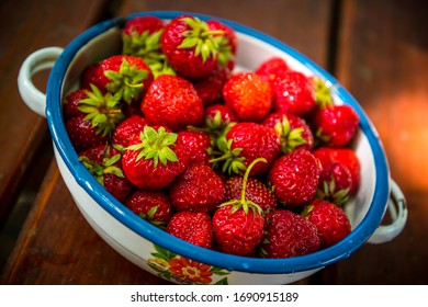 Plate with group of ripe, delicious strawberry on a brown wooden table. Selective focus