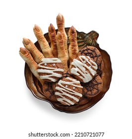 Plate With Halloween Cookies On White Background