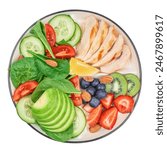 Plate of healthy food chicken fillet, avocado and salad. Complex of proteins, fats and carbohydrates isolated on white background. top view.