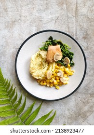 A Plate Of Healthy Food Contains  Corn, Spinach, Mashed Potato, Mushroom And Chicken Fillet. Bright, Clean And Flat Lay Food Photography. Low Calorie Diet.